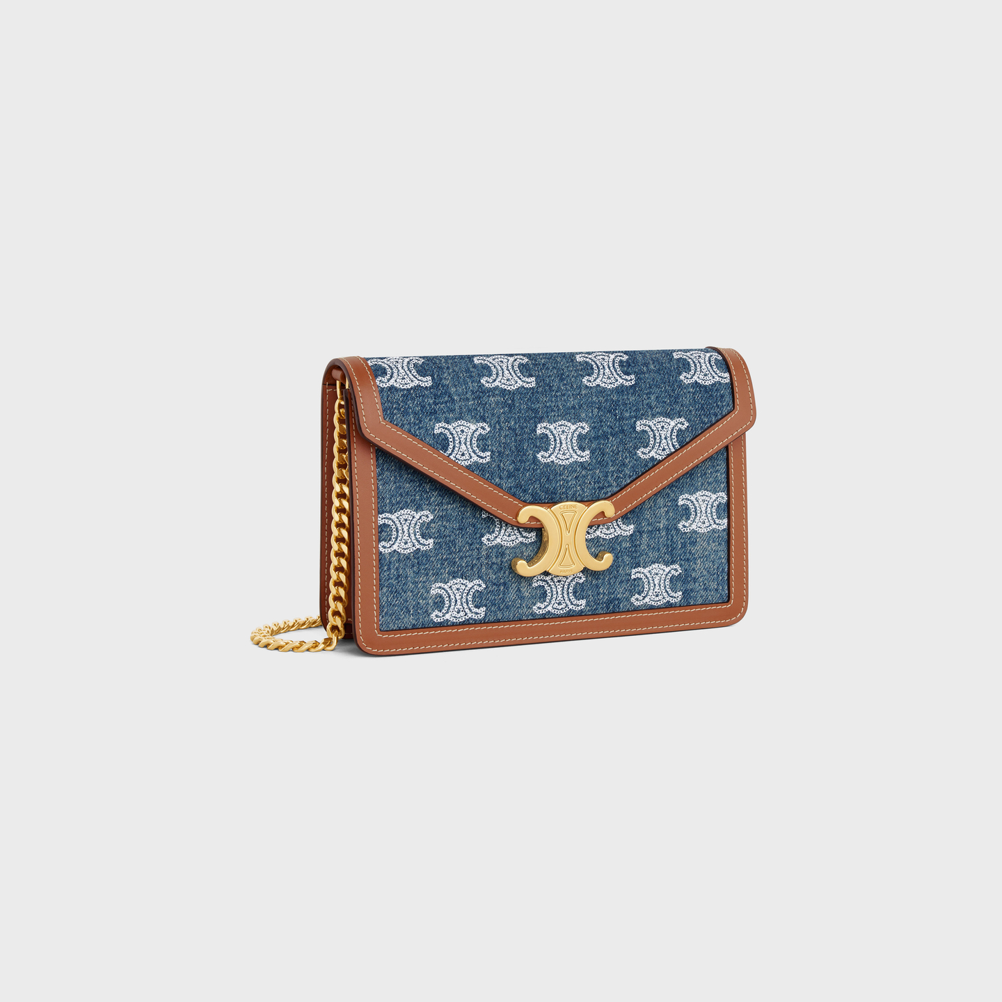 CELINE WALLET ON CHAIN MARGO in DENIM WITH TRIOMPHE ALLOVER EMBROIDERY AND CALFSKIN 10L462FE1.07AT