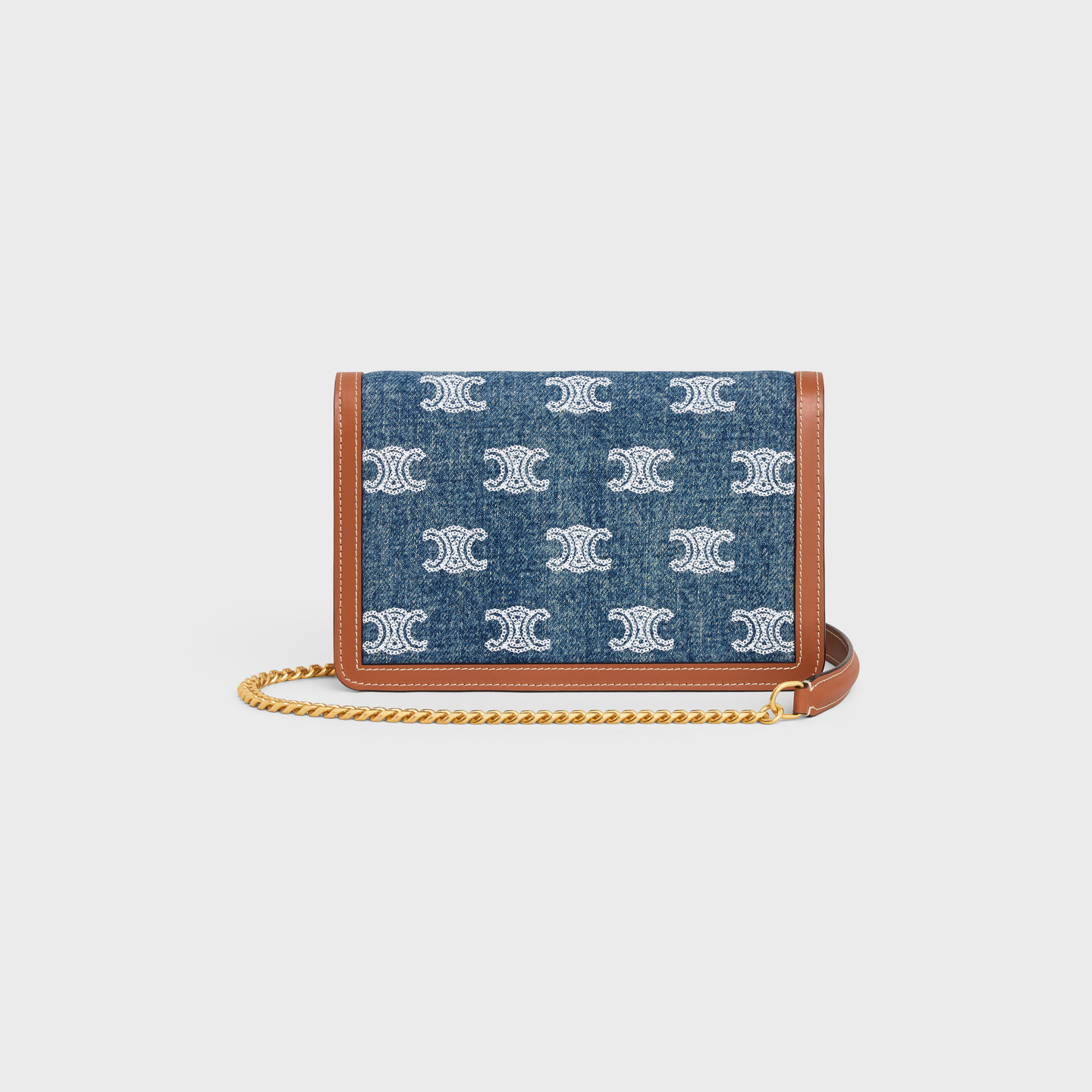 CELINE WALLET ON CHAIN MARGO in DENIM WITH TRIOMPHE ALLOVER EMBROIDERY AND CALFSKIN 10L462FE1.07AT