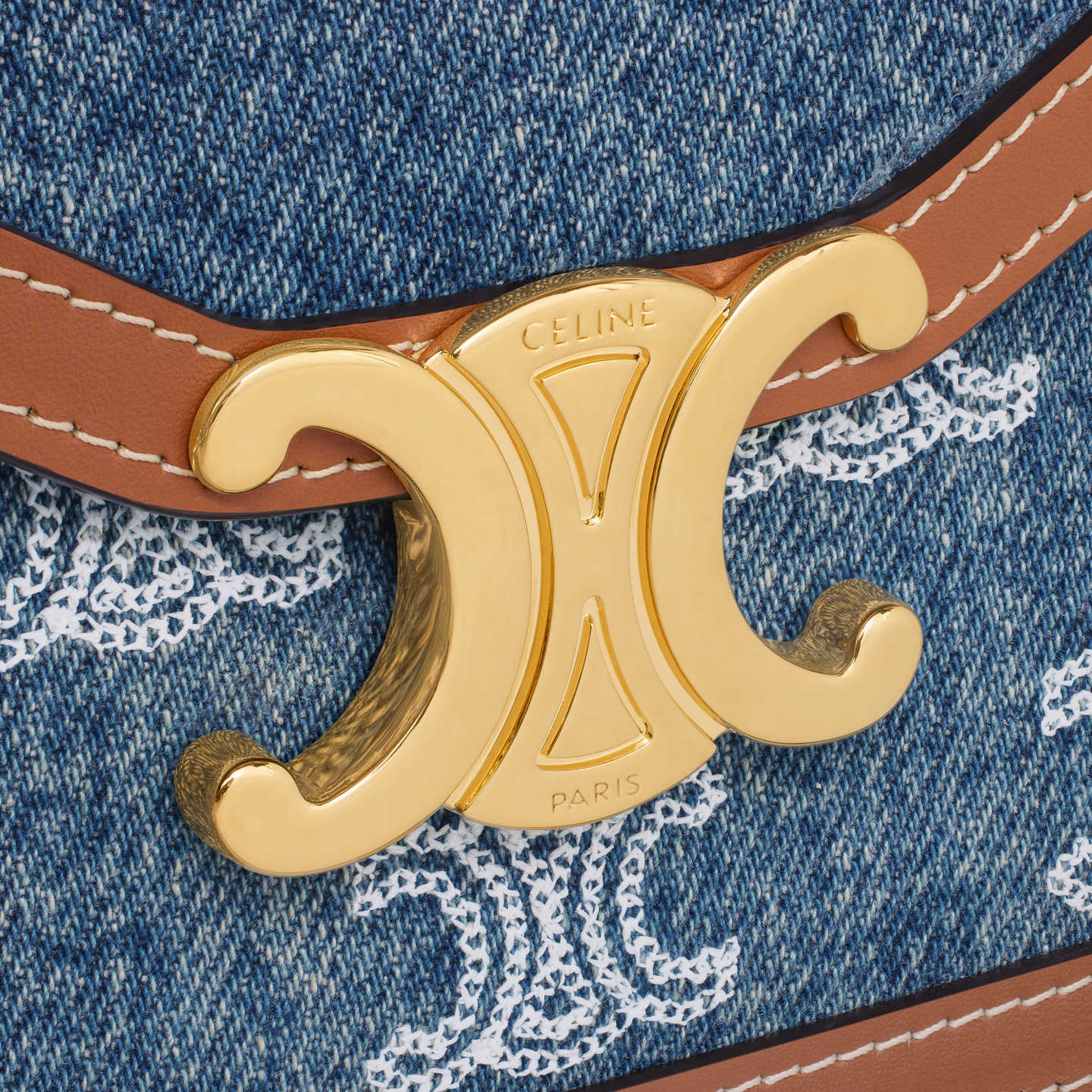 CELINE WALLET ON CHAIN MARGO in DENIM WITH TRIOMPHE ALLOVER EMBROIDERY AND CALFSKIN 10L462FE1.07AT