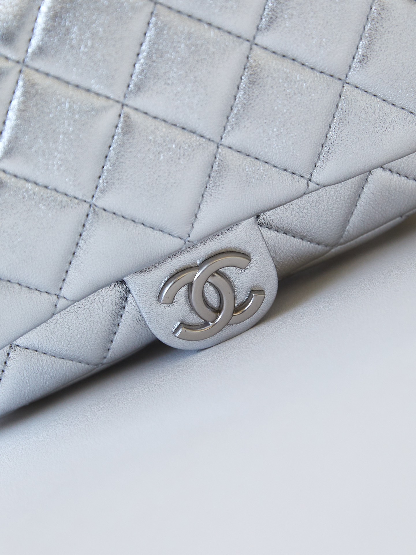 CHANEL 24c Metallic Silver Sheepskin Backpack Bag AS4621 19x20x5.5cm