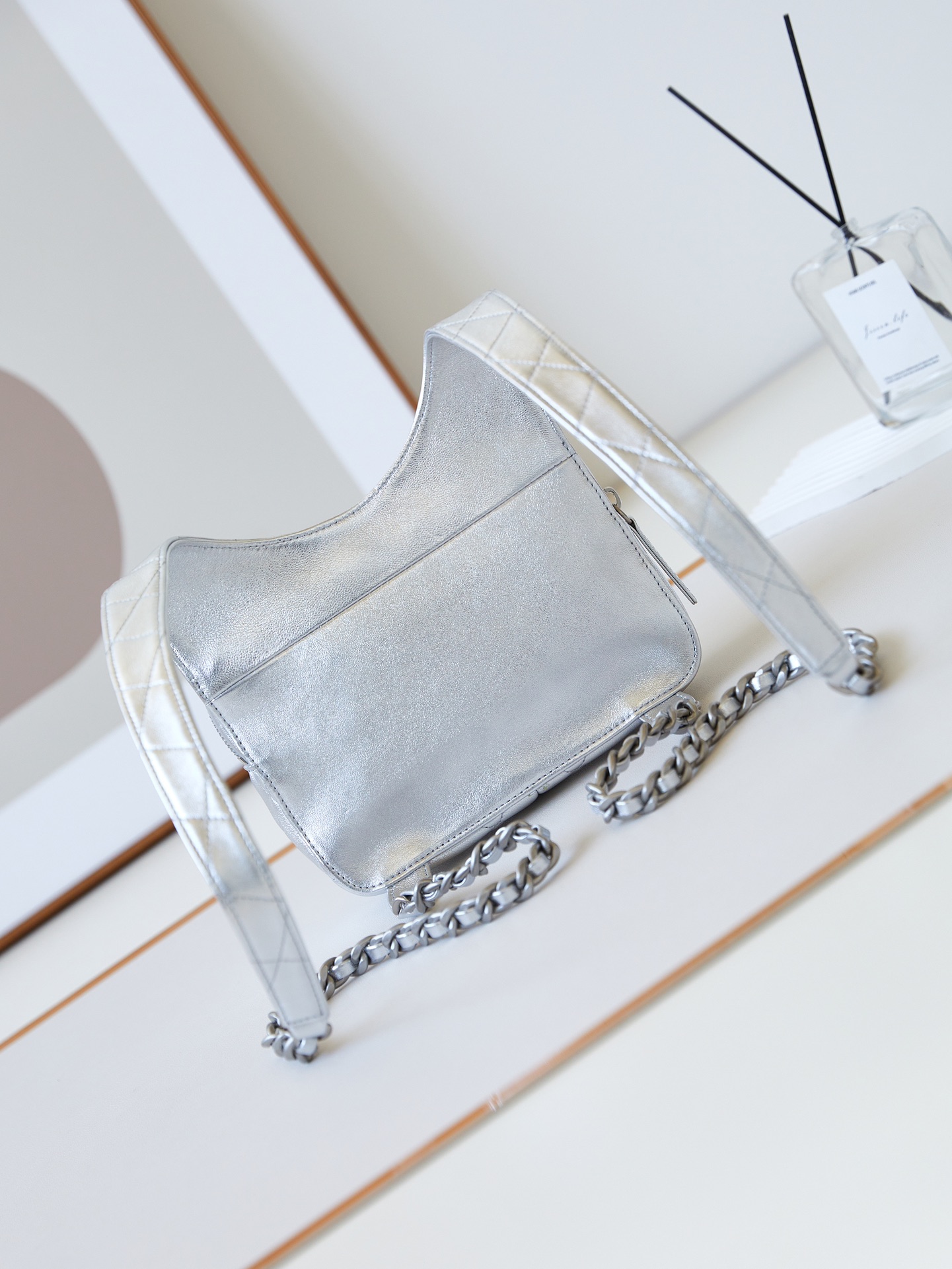 CHANEL 24c Metallic Silver Sheepskin Backpack Bag AS4621 19x20x5.5cm