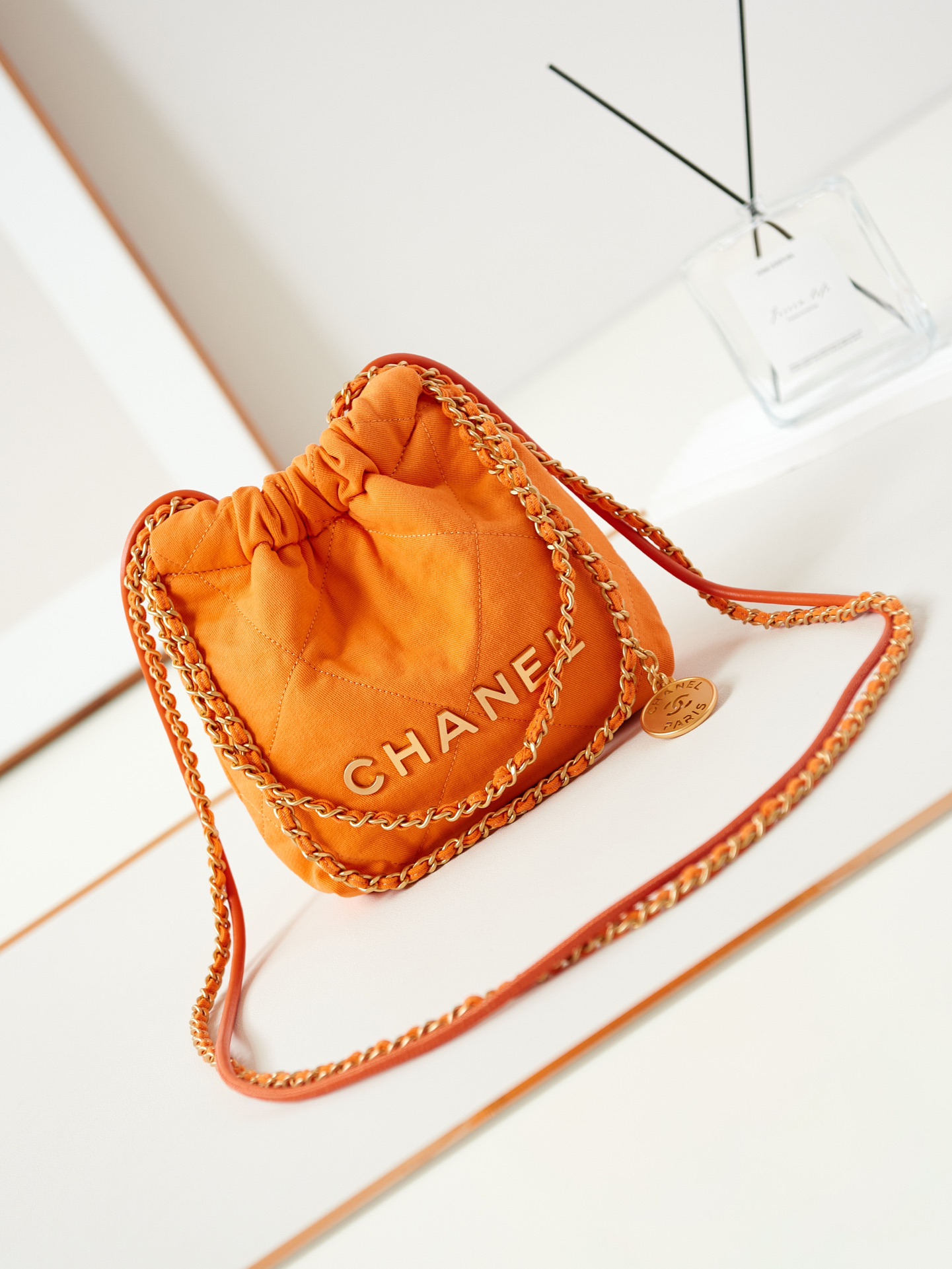 CHANEL 25 Early Spring Orange Canvas Garbage Bag AS3980 20x19x6cm