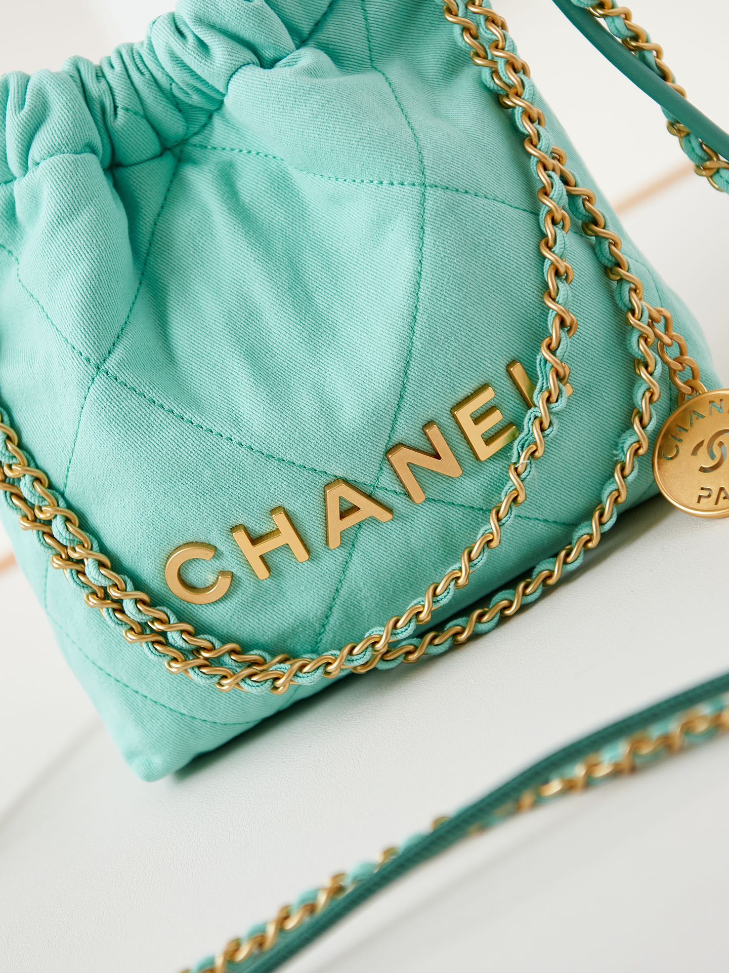 CHANEL 25 Early Spring Lake Green Canvas Garbage Bag AS3980 20x19x6cm