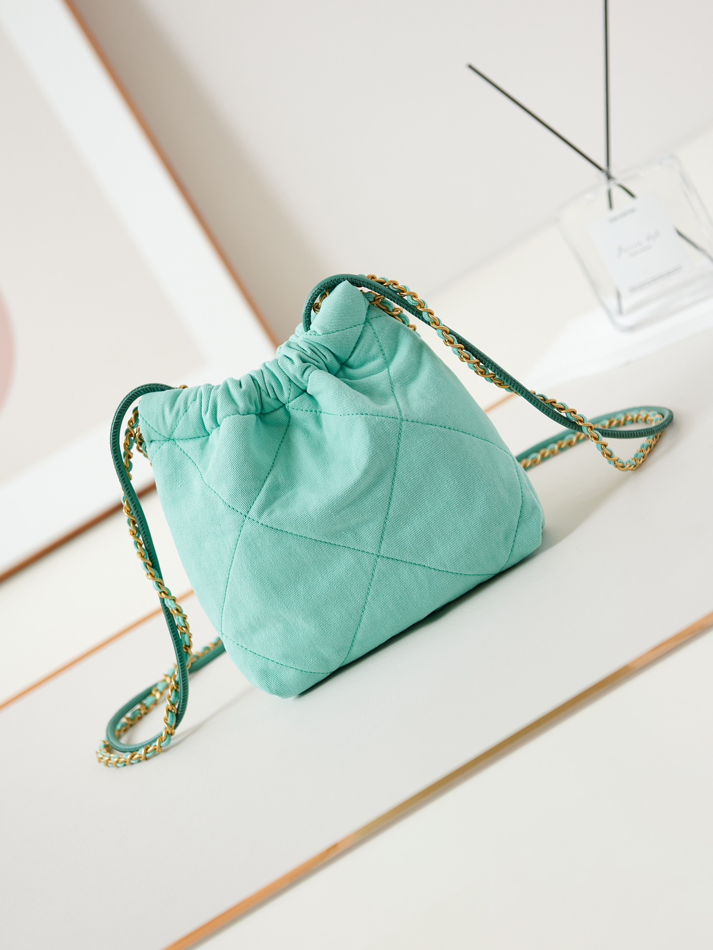 CHANEL 25 Early Spring Lake Green Canvas Garbage Bag AS3980 20x19x6cm