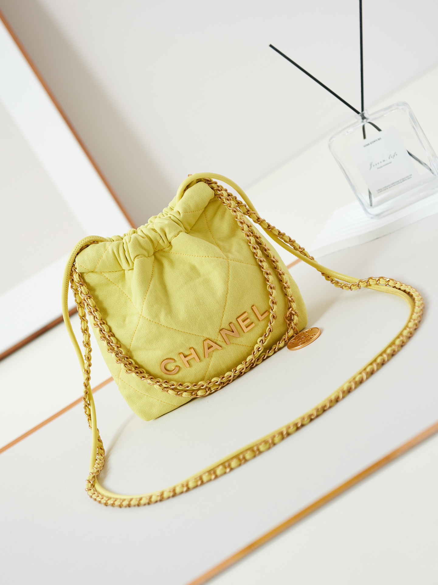 CHANEL 25 Early Spring Yellow Canvas Garbage Bag AS3980 20x19x6cm