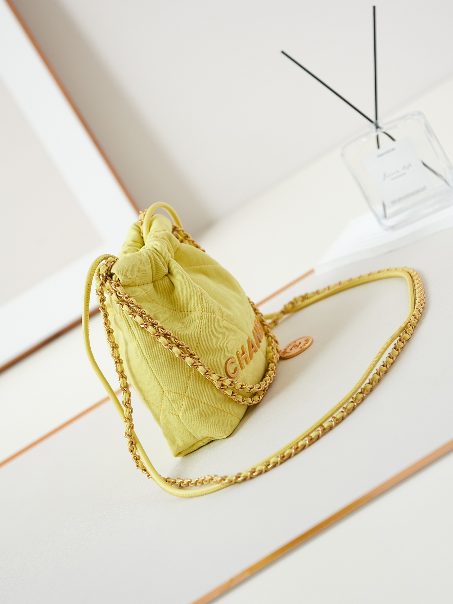 CHANEL 25 Early Spring Yellow Canvas Garbage Bag AS3980 20x19x6cm