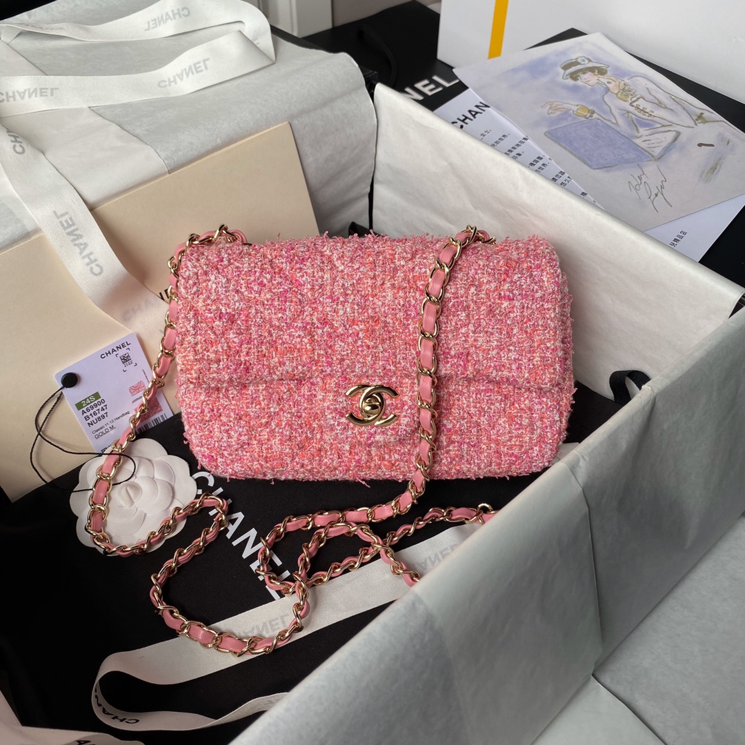 CHANEL 20cm Woolen Pink Cute CF Bag 20cm