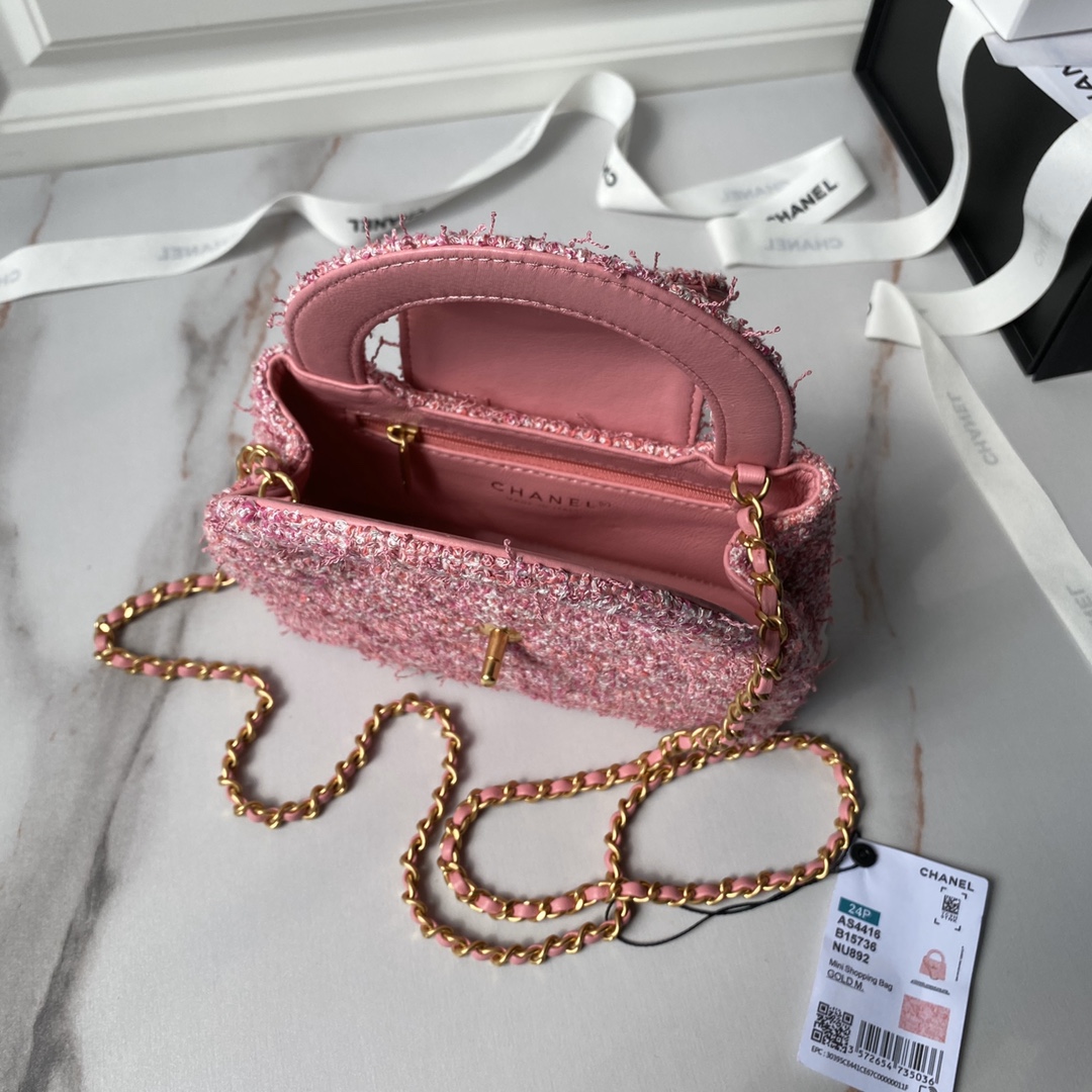 CHANEL 24p Woolen Pink Handbag AS4416 19x13x7cm