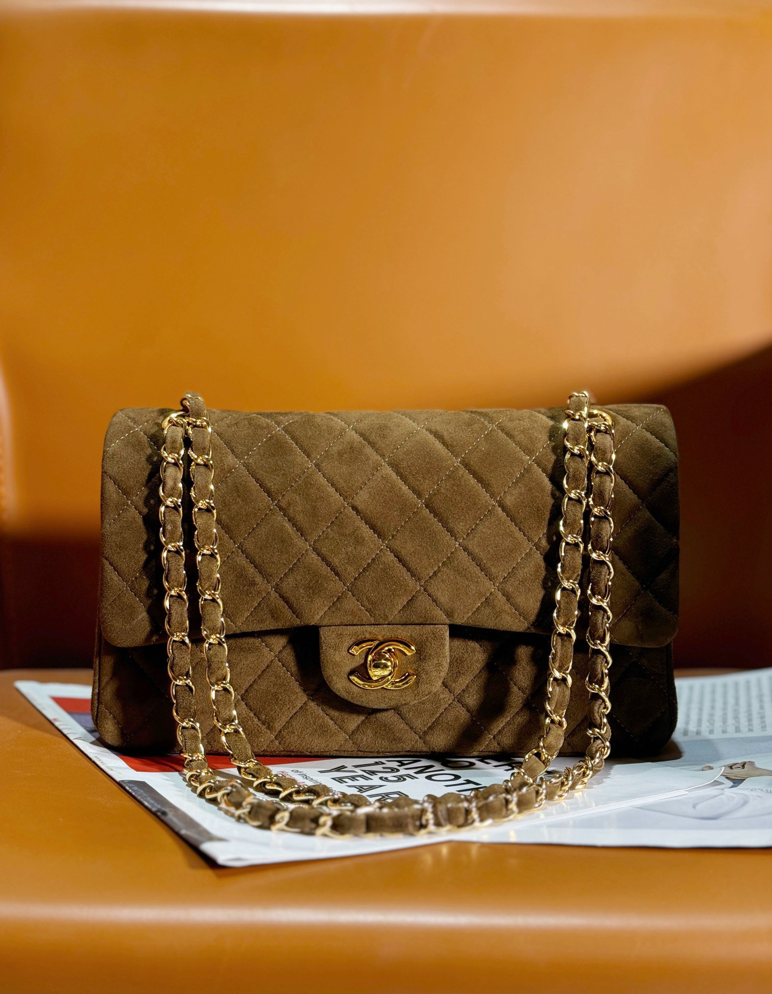 CHANEL Used Brown Suede CF Bag 25.5cm