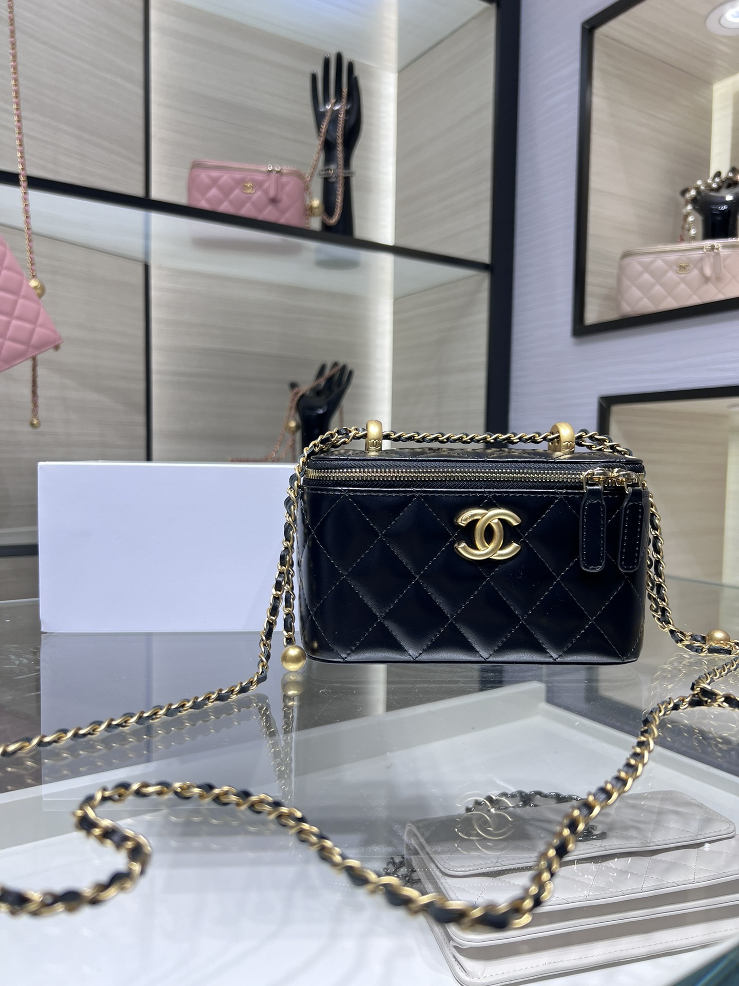 CHANEL Waxed Cowhide Double Gold Ball Box Bag AP3651