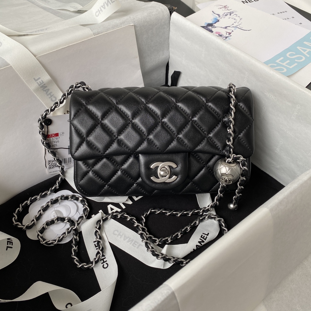 CHANEL 20cm CF Mini Flap Bag AS1787, Silver Ball Chain, 20cm