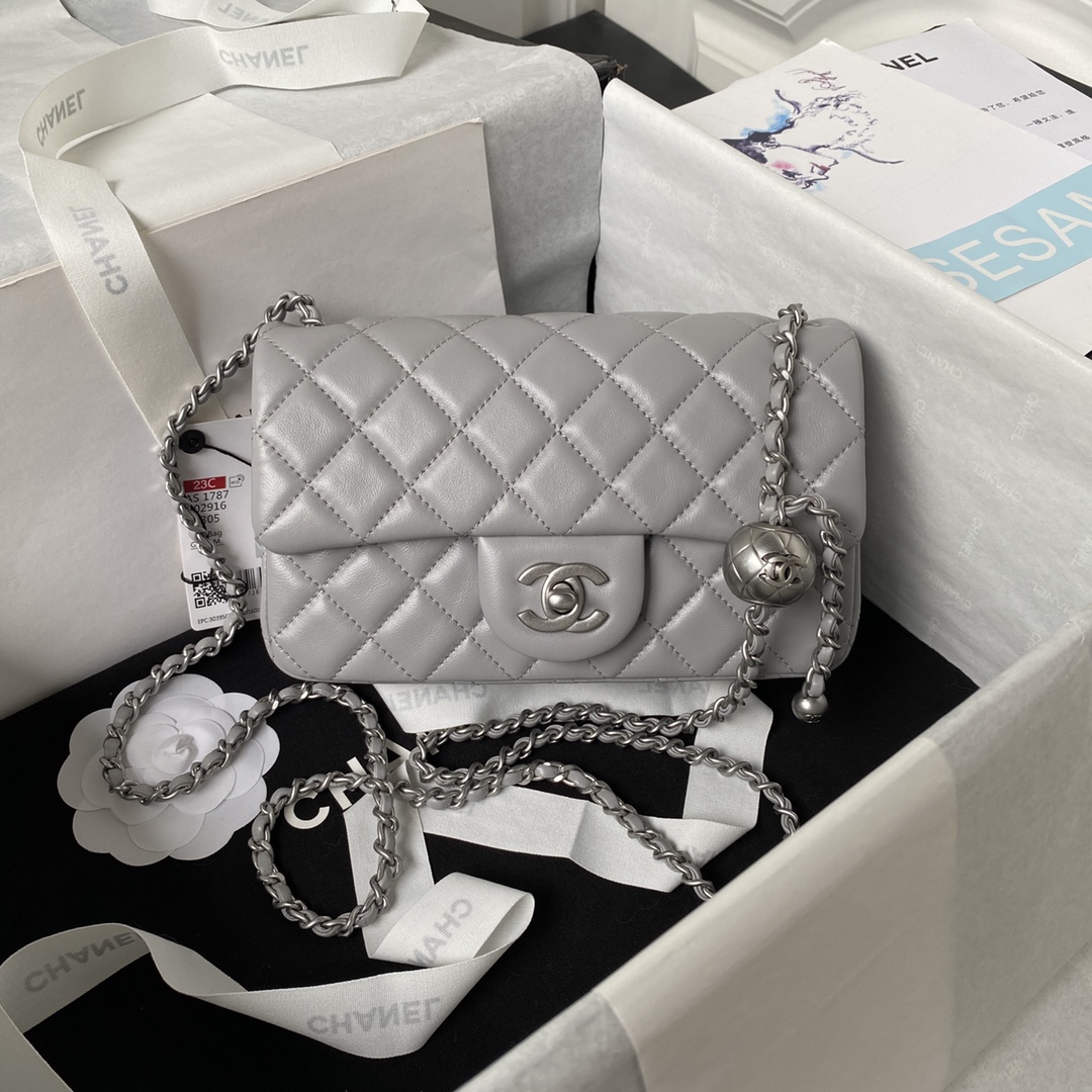 CHANEL 20cm CF Mini Flap Bag AS1787, Silver Ball Chain, 20cm