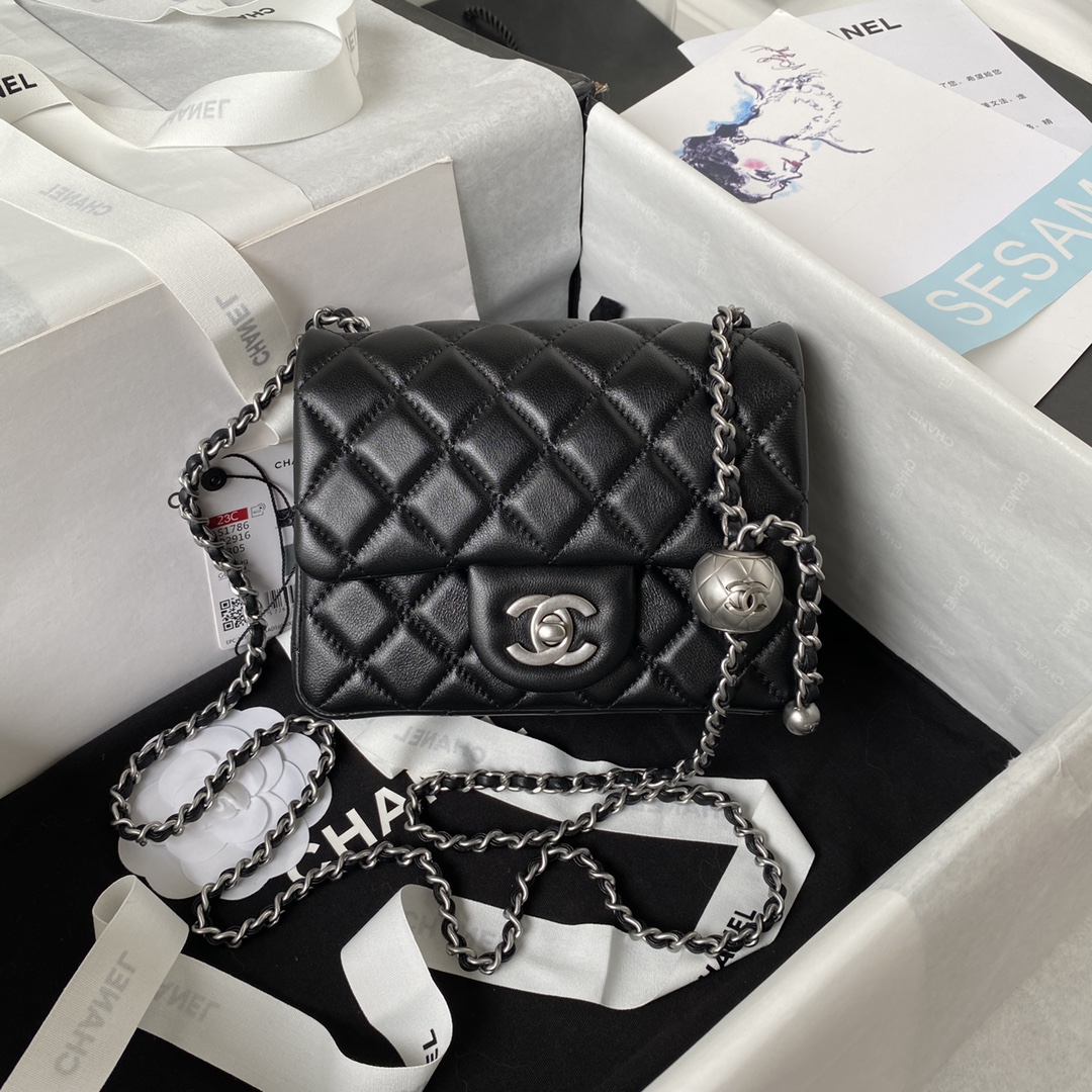 CHANEL 17cm CF Mini Flap Bag AS1786, Silver Ball Chain, 17cm