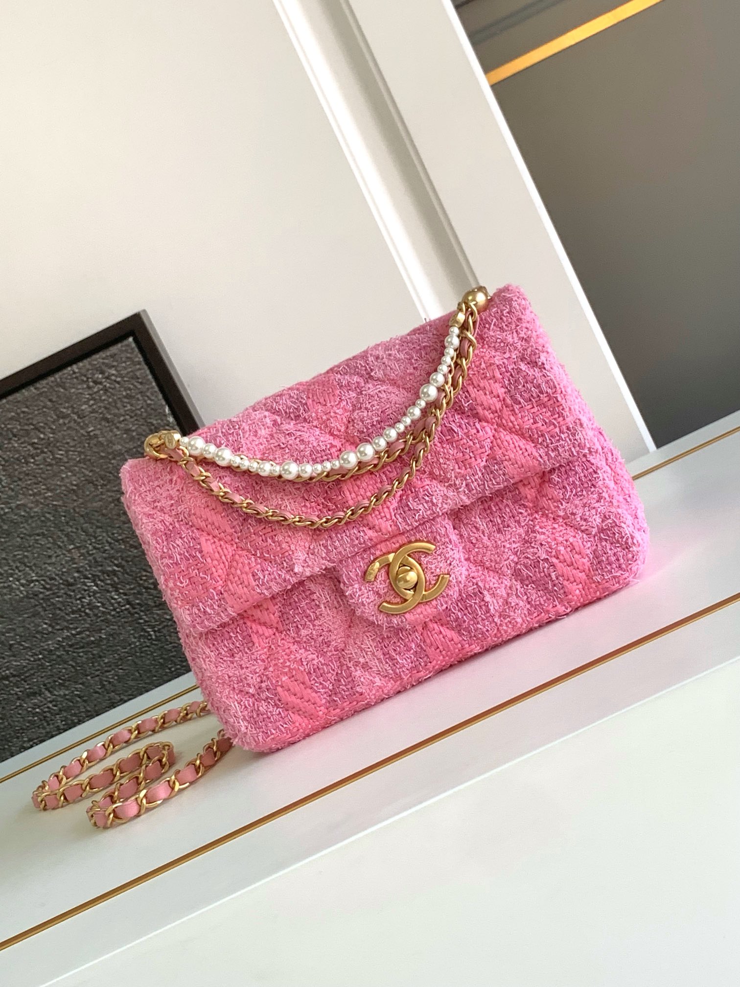 CHANEL 24P Large Pink Woolen Pearl Square Bag