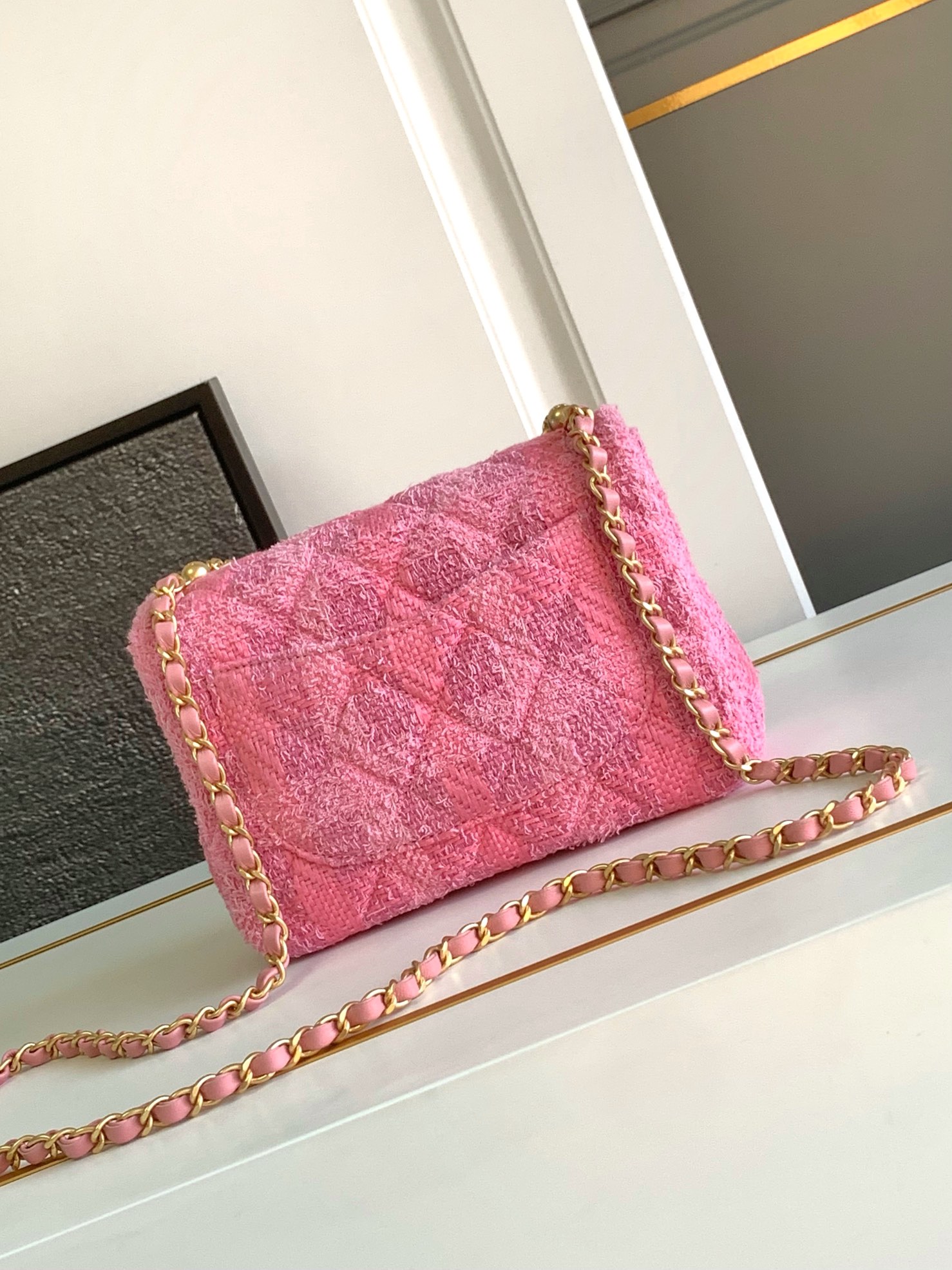 CHANEL 24P Large Pink Woolen Pearl Square Bag