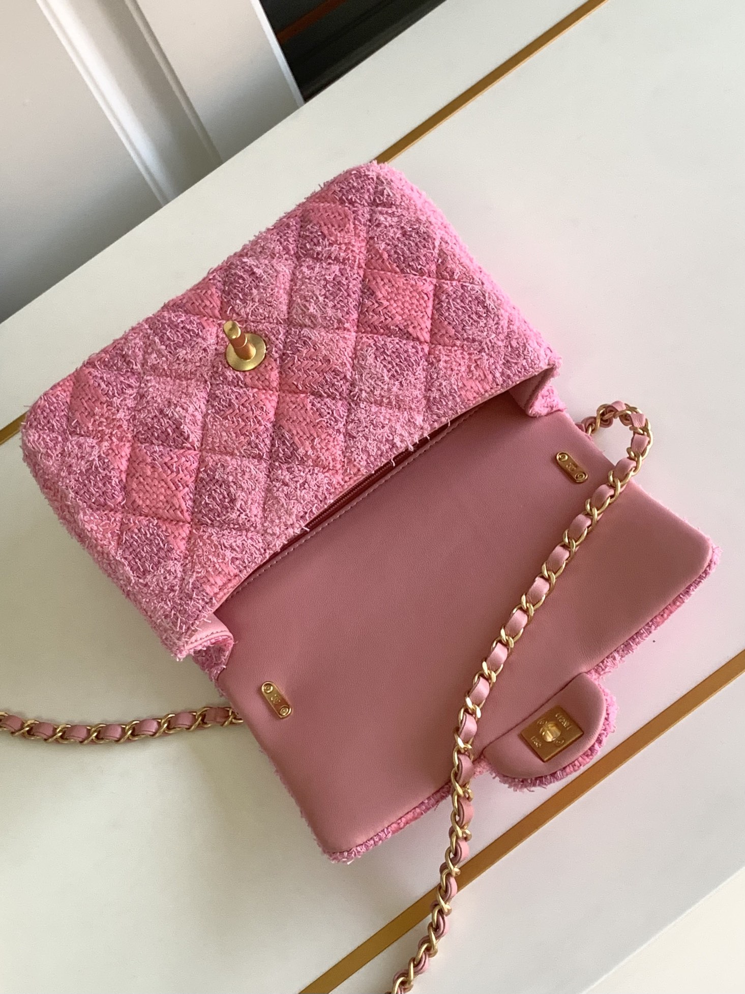 CHANEL 24P Large Pink Woolen Pearl Square Bag