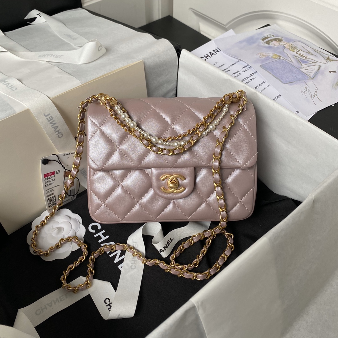 CHANEL 24P Pearl Chain Mini Bag AS4384 14.5x19.5x7.5cm